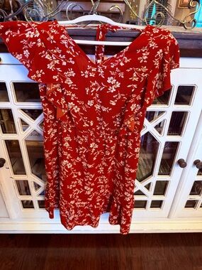 Red Floral Ruffled V-Neck Dress